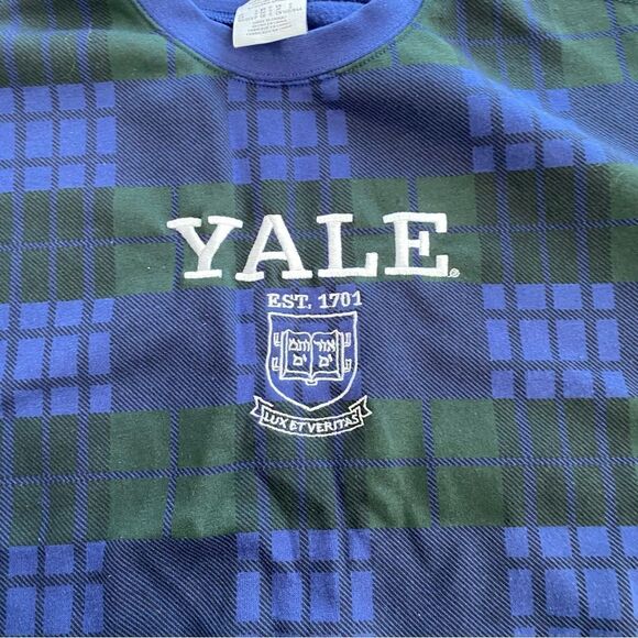 Yale Bulldogs Varsity Letterman Blue Green Plaid Crewneck Sweater Small - Picture 4 of 6